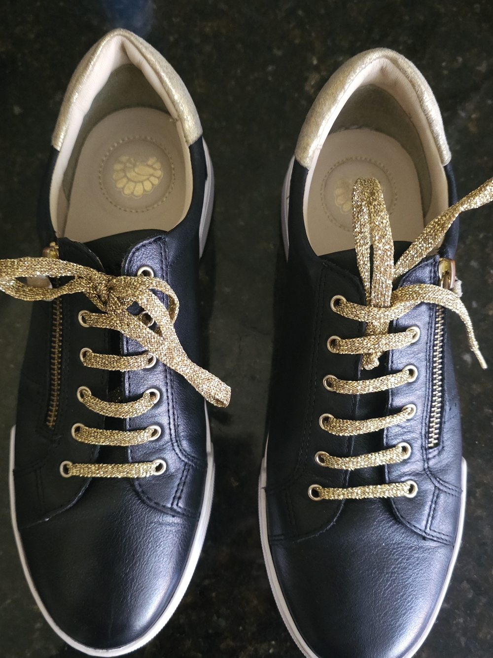 Caprice Black Leather Gold Zip Comfort Trainers Sneakers